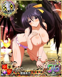 1girls akeno_himejima angel_wing breasts card_(medium) cartoony demon_wing demon_wings fallen_angel female female_only high_school_dxd humanoid indigo_hair large_breasts long_hair magenta_eyes pointy_chin ponytail third-party_edit topless