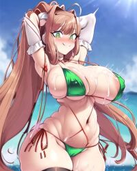 ai_generated big_breasts bikini black_thighhighs crazy_eyes crazy_smile cum cum_on_breasts doki_doki_literature_club eyes green_bikini green_eyes monika_(doki_doki_literature_club) sexy.ai thick_thighs yandere yandere_eyes