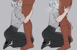 2girls absurdres barefoot black_footwear black_pants blush clothed_female_nude_female commentary cunnilingus dark-skinned_female dark_skin english_commentary grey_background grey_hair grey_shirt gundam gundam_suisei_no_majo hand_on_another's_head hands_on_another's_thighs high_heels highres ickysickly miorine_rembran multiple_girls nude oral pants shirt short_hair simple_background standing standing_cunnilingus suletta_mercury sweat trembling yuri