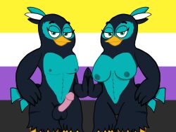 1boy 1girls angry_birds angry_birds_2 breasts erect_penis jo_(angry_birds) mirror_reflection non_binary_flag rovio sauceycraft sega