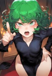 1girls ai_generated angry breasts curly_hair curvaceous curvy female green_eyes green_hair hand_on_hip hips looking_at_viewer one-punch_man open_mouth petite pointing pointing_at_viewer shortstack shounen_jump small_breasts talking_to_viewer tatsumaki thin_waist wide_hips