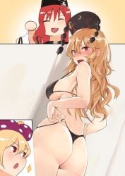 3girls adjusting_clothes adjusting_swimsuit ass asuzemu bare_arms bare_shoulders bikini black_bikini black_collar black_headwear blonde_hair blush breasts closed_eyes clothes_hanger clownpiece collar commentary_request crescent embarrassed from_behind hat hecatia_lapislazuli highres jester_cap junko_(touhou) large_breasts long_hair mature_female milf multiple_girls nose_blush polka_dot red_eyes red_hair sideboob string_bikini swimsuit tassel thong thong_bikini touhou wavy_hair wedgienerd