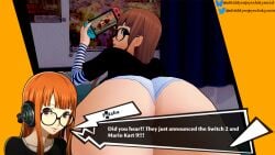 3d 3d_(artwork) ass ass_focus glasses huge_ass koikatsu large_ass looking_at_viewer mario_kart massive_ass nintendo_switch orange_hair panties persona persona_5 sakura_futaba text text_box text_bubble ulttiddyenjoyer