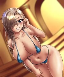 asuna_(blue_archive) bikini blonde_hair blue_archive breasts cleaning_&_clearing_(blue_archive) hair_over_one_eye leonart looking_at_viewer looking_down_at_viewer midriff millennium_science_school_student swimsuit