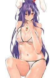 animal_ears asuzemu bare_arms bare_shoulders bikini blush breasts carrot_necklace collarbone commentary_request covered_erect_nipples female hair_between_eyes hand_on_own_chin hand_up jewelry large_breasts long_hair looking_at_viewer navel necklace purple_hair rabbit_ears red_eyes reisen_udongein_inaba see-through shiny_skin side-tie_bikini_bottom sidelocks simple_background sitting smile solo stomach swimsuit thighs touhou very_long_hair white_background white_bikini