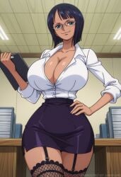 1girls ai_generated ambrose big_breasts black_hair blue_eyes bob_cut button_down_shirt cleavage clipboard garter_straps glasses hourglass_figure indoors miniskirt nico_robin office office_lady one_piece pencil_skirt self_upload short_hair smile smug_face stable_diffusion stockings tan_skin thick_thighs wide_hips