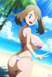 1girls 2024 ai_art ai_generated beach big_breasts blue_eyes brown_hair cleavage female female_only gamefreak highres huge_breasts human large_breasts may_(pokemon) mayday_(artist) nintendo outdoors pokemon pokemon_(anime) seashell_bikini seashell_bra shell_bikini smile smiling tagme