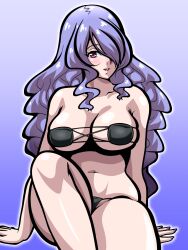 1girls alternate_costume bare_thighs bikini black_bikini black_swimsuit breasts camilla_(fire_emblem) cleavage female female_only fire_emblem fire_emblem_fates gradient_background hair_over_one_eye inabakun00 large_breasts long_hair looking_at_viewer nintendo pink_eyes purple_background purple_hair sitting smile solo swimsuit thick_thighs thighs underboob very_long_hair