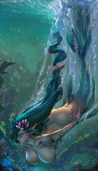 areolae ass big_breasts blue_hair breasts bubbles cutesexyrobutts cyan_hair female female_only fish flower_in_hair huge_ass large_breasts lipstick long_hair merfolk mermaid necklace nipples ocean original png pointy_ears shell signature solo underwater