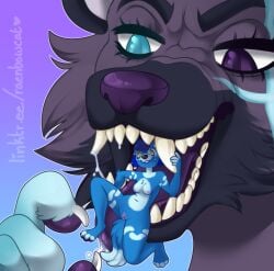 2girls anthro breasts female female_pred female_prey fox furry furry_only giant giantess hyena imminent_vore levin_(oc) macro maw mawplay mawshot micro minigirl raenbowcat scar scars snout tiny tiny_girl vore willing_prey wolf yuri