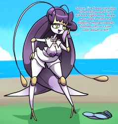 anthro anthro_only breasts breasts_out bug bug_girl chabble english_text green_eyes insect_girl leaning_forward pheromosa pokegirl_as_pokemon pokemon pokemon_(species) pokemon_sm post_transformation purple_hair standing text wicke_(pokemon)