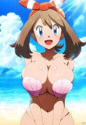 1girls 2024 ai_art ai_generated beach big_breasts blue_eyes brown_hair cleavage female female_only gamefreak highres huge_breasts human large_breasts may_(pokemon) may_(pokemon_oras) mayday_(artist) nintendo outdoors pokemon pokemon_(anime) seashell_bikini seashell_bra shell_bikini smile smiling tagme