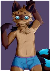 1boy 2016 2_tails anthro big_eyes biped black_fur blue_eyes blue_fur blue_underwear blush border brown_fur brown_nose bulge canine cheek_tuft chest_tuft clothed clothing erection erection_under_clothes fox fur fur_markings gloves_(marking) hybrid kokkuri_(tanuki) log_(artist) male male_only mammal markings multi_tail multicolored_fur multicolored_tail navel pointing pointing_at_self purple_background signature simple_background solo tan_fur tanuki topless tuft underwear white_border