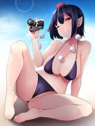 alternate_costume arm_support ass bare_arms bare_legs barefoot bikini black_bikini black_hair breasts camera cleavage collarbone contemporary female full_body hair_between_eyes halterneck hat head_tilt highres large_breasts left-handed looking_at_viewer navel one_eye_closed parted_lips partially_visible_vulva pointy_ears pom_pom_(clothes) red_eyes shachi_kamaboko shameimaru_aya short_hair side-tie_bikini_bottom sideboob sitting solo spread_legs stomach swimsuit thighs toes tokin_hat touhou