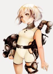 1girls absurdres bad_id bad_pixiv_id belt bodysuit cotton_(shikiori) cowboy_shot diving_helmet gas_mask gauge higan_yuu highres mask original petite photoshop_(medium) short_hair simple_background skinny small_breasts solo standing steampunk white_background