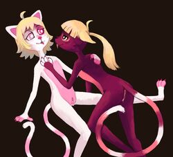 2018 beleth_(floraverse) blonde_hair feline female floraverse fur hair heterochromia mammal pussy red_beleth_(floraverse) red_fur tongue tongue_out unknown_artist white_beleth_(floraverse) white_fur yuri