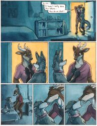 2018 5_fingers anthro bed black_nose brown_eyes brown_fur canine cervine clothed clothing collar comic duo english_text fur furry furry_only gale_(ruaidri) horn male mammal penis ruaidri text virgin yaoi