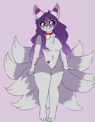 anthro anthro_only dog_ears dog_girl fenrie fenrie_(artist) glasses grey_body grey_fur heterochromia kitsune long_hair multiple_tails puppygirl purple_eyes purple_hair solo solo_anthro tails