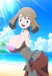 1girls 2024 ai_art ai_generated beach big_breasts blue_eyes brown_hair cleavage female female_only gamefreak highres huge_breasts human large_breasts may_(pokemon) mayday_(artist) nintendo outdoors pokemon pokemon_(anime) seashell_bra shell_bikini smile smiling tagme