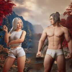 3d 3d_(artwork) 3d_model bulge_through_clothing casual_clothes edenian female/male haviksluz kuai_liang looking_at_each_other male/female mortal_kombat mortal_kombat_1_(2023) netherrealm_studios ninja outdoors pyromancer scorpion_(mortal_kombat) sindel tattooed_arm underwear_only