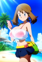 2024 ai_art ai_generated bag beach bikini blue_eyes breasts brown_hair cleavage female game_freak highres huge_breasts human looking_at_phone may_(pokemon) mayday_(artist) miniskirt navel nintendo phone pokemon red_bikini seashell_bikini skirt smile swimsuit transparent_clothing upper_body white_shirt