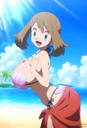 1girls 2024 ai_art ai_generated beach big_breasts blue_eyes brown_hair cleavage female female_only gamefreak highres huge_breasts human large_breasts may_(pokemon) mayday_(artist) nintendo outdoors pokemon pokemon_(anime) seashell_bikini shell_bikini smile smiling tagme