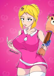 1girls big_breasts brawl_stars choco_piper_(brawl_stars) eyelashes hips mouth_open pink_background piper_(brawl_stars) pov redo_art7 solo umbrella viewed_from_below white_skin yellow_hair