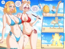 beach big_breasts bikini blonde_hair breasts comic elf elf_ears elf_female fire glasses legs link link_(breath_of_the_wild) midriff nintendo opalisart princess_zelda purah purah_(tears_of_the_kingdom) short_hair swimming_trunks swimsuit tears_of_the_kingdom the_legend_of_zelda thighs white_hair zelda_(tears_of_the_kingdom)