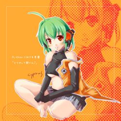 ahoge artist_name barefoot breasts commentary_request covered_nipples cyprus elbow_gloves feet female fl_chan fl_studio gloves green_hair halftone halftone_background headphones indian_style japanese_text looking_at_viewer medium_breasts orange_eyes piano_print short_hair sitting skirt soles solo tagme toes translation_request underboob zoom_layer