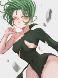 1girls :t areolae blush brown_hair female female_focus female_only green_hair looking_at_viewer nipple_slip nipples one-punch_man pout rakunart ripped_clothing small_breasts solo solo_female solo_focus tatsumaki thick_thighs thighs wide_hips