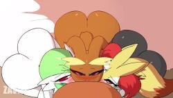 1boy 3girls animated ball_sucking ballsack blowjob blush braixen cum_in_mouth cum_in_throat deepthroat gardevoir human human_on_anthro lopunny nintendo nude nude_female nude_male penis pokemon pokemon_(species) pokephilia sound tagme video zaviel