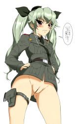 anchovy_(girls_und_panzer) anzio_military_uniform artist_request belt biting_own_lip blush bottomless censored dress_shirt drill_hair embarrassed female from_below girls_und_panzer hands_on_own_hips highres holster jacket long_hair long_sleeves looking_down military military_uniform necktie no_panties non-web_source pussy ribbon sam_browne_belt shirt solo source_request standing sweatdrop tears thigh_strap twin_drills twintails uniform