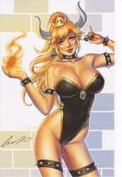 1girls arm_up armlet big_breasts black_leotard black_nail_polish black_nails blonde_hair blue_eyes bowsette bracelet breasts busty cleavage collar crown earrings elias_chatzoudis eye_contact eyeshadow female female_only fireball genderswap horns large_breasts leg_band leotard light-skinned_female light_skin lips lipstick long_hair looking_at_viewer magic makeup mario_(series) mascara nail_polish new_super_mario_bros._u_deluxe nintendo pinup ponytail red_lips red_lipstick scan signature smile smiling solo spiked_armlet spiked_bracelet spiked_collar standing thick_thighs thighs