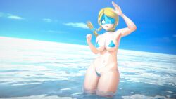 1girls 3d blonde_hair braid breasts choker headband koikatsu looking_at_viewer mask micro_bikini navel ocean one_eye_closed open_mouth ponytail pubic_hair shiftnoid_(artist) smash_girl smile thick_thighs waving wet_skin white_eyes white_skin wide_hips wink