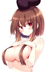 black_headwear blush breasts brown_hair commentary_request female hair_between_eyes hair_censor hands_up hat head_tilt heart highres large_breasts lips looking_at_viewer maturiuta_sorato nishida_satono nude pink_eyes short_hair_with_long_locks sidelocks simple_background smile solo touhou upper_body white_background