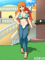 assentlov bikini female female_only flashing fly_open happy jeans nami nami_(one_piece) one_piece orange_hair panties post-timeskip smiling striped_bikini unzipped_pants white_panties zipper_down