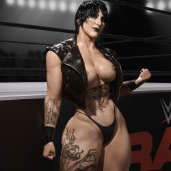 3d black_fingernails black_hair black_leather_jacket black_thong breasts_out highres makeup muscular_female nipple_piercing nose_piercing posing rhea_ripley stage_lights sweaty_body tattoos tekonsfw wet_hair wrestler wrestling_ring wwe