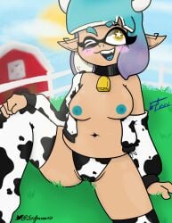 1female 1girls bikini bikini_bottom bikini_bottom_only blush blush blush_lines breasts breasts_out chubby chubby_female cow_bikini cow_horns cow_print cow_print_bikini dark-skinned_female dark_skin day daylight daytime detailed_background farm female female female_focus female_only grass inkling inkling_girl pierced_ears piercing piercings sir_apasaurio smile smiling splatoon splatoon_(series) splatoon_2 splatoon_3 turquoise_hair turquoise_nipples turquoise_tongue twitter_logo twitter_user_oc twitter_username wink winking winking_eye yellow_eyes