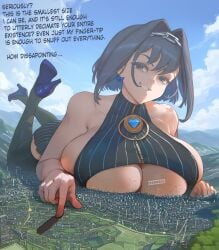 1girls ai_generated blue_eyes city dspaceous english_text giantess heels hololive hololive_english huge_breasts implied_death on_stomach ouro_kronii short_hair sideboob skirt solo solo_female underboob virtual_youtuber