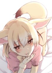 all_fours animal_ears blonde_hair blush bow bowtie cum cum_in_mouth cum_on_body cum_on_upper_body elbow_gloves eyebrows_visible_through_hair female fennec_(kemono_friends) fur gloves gogatsu_unagi hair_between_eyes heart heart-shaped_pupils kemono_friends looking_at_viewer multicolored_hair pink_sweater short_hair sweater symbol-shaped_pupils tail thighhighs tongue two-tone_hair white_hair yellow_bow yellow_neckwear