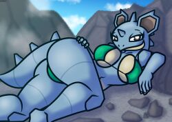 bikini blue_body breasts brokenrekordbro hand_on_hip looking_at_viewer lying lying_on_side nidoqueen no_humans pokemon pokemon_(species) pokemon_snap_xxx rock tagme tail thick_thighs