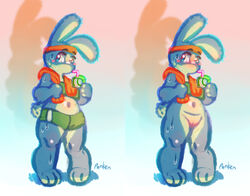 anthro blue_fur blush clothed clothing drinking female fur juice_box lagomorph mammal nude panken pussy rabbit shorts solo standing sweat towel