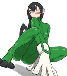 1girls 2024 3_toes ass black_eyes black_hair bodysuit breasts calves clothed clothed_female clothes clothing eyelashes feet female front_view full_body fully_clothed gloves green_clothing hair handwear hero_outfit_(mha) hi_res human legs_apart light-skinned_female light_skin long_hair looking_back low-angle_view medium_breasts my_hero_academia pose posing simple_background skin_tight solo squatting thighs toes tongue tongue_out toshinoshin00 tsuyu_asui white_background white_gloves