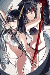 2girls bakuzan bikini bikini_armor black_hair blue_eyes breasts exposed_stomach female female_only human junketsu kill_la_kill kiryuuin_satsuki looking_at_viewer matoi_ryuuko multiple_girls ren_mizuha scissor_blade scissor_blade_(kill_la_kill) senketsu sisters tagme