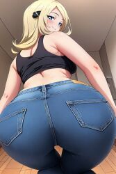 1girls ai_generated ass_focus bent_knees bent_over big_ass blush busty closeup creatures_(company) crop_top curvy cynthia_(pokemon) denim female female_only game_freak hi_res highres jeans looking_back nintendo pokemon pokemon_(game) pokemon_dppt pokemon_trainer seraphim_ai smile solo stable_diffusion