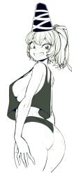 arms_at_sides ass bare_arms big_ass breasts commentary_request cowboy_shot curvy female from_side grin hat highres hip_focus looking_back medium_breasts midriff monochrome mononobe_no_futo ponytail short_hair short_shorts shorts sideboob simple_background sketch smile solo spacezin tagme tank_top tate_eboshi teeth thighs touhou white_background