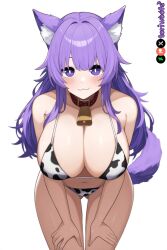 1girls ai_generated big_breasts breasts cow_print_bikini cowbell curvy cute dog_ears dog_girl doggirl female female_focus female_only highres hips huge_boobs huge_breasts kemonomimi light_skin light_skinned_female long_hair patreon_username petgirl purple_ears purple_eyes purple_hair purple_tail smug_face thick_thighs thighs tori toriwoofs watermark wavy_hair white_skin white_skinned_female wide_hips wolf_ears