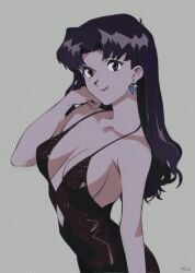 1girls black_dress breasts brown_eyes cleavage dress earrings female female_only fully_clothed long_hair misato_katsuragi neon_genesis_evangelion neopn_genesis_evangelion optionaltypo purple_hair revealing_clothes revealing_dress solo