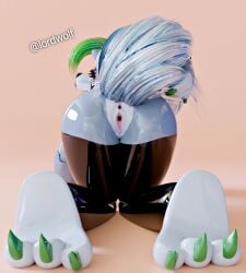 3d_(artwork) 4_fingers anthro areola black_nose breasts claws clothed clothing digital_media_(artwork) ear_piercing ear_ring female fingers five_nights_at_freddy's five_nights_at_freddy's:_security_breach glistening glistening_body green_claws green_highlights grey_hair hair hi_res highlights_(coloring) lipstick looking_at_viewer lordwolf lying makeup nipples on_side panties piercing pink_nipples prick_ears purple_lipstick ring_piercing roxanne_wolf scottgames solo steel_wool_studios tongue tongue_out topless topless_anthro topless_female underwear yellow_eyes