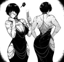 1girls ass back back_view backboob bandage bandage_on_face bandages bare_shoulders behind behind_view big_breasts burn_marks burn_scar burns busty child_bearing_hips clevage clothed dress drink female female_only glass glasses hips holding_drink huge_breasts jujutsu_kaisen large_ass large_breasts large_butt masoq095 modakawa_dress monochrome mostly_clothed revealing_clothes scar scarred scars scars_all_over short_hair shounen_jump tomboy very_short_hair wide_hips wounds zenin_maki